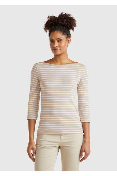 United Colors of Benetton تي شيرت نسائي بيج 100% قطن مخطط بياقة قارب وأكمام ثلاثة أرباع