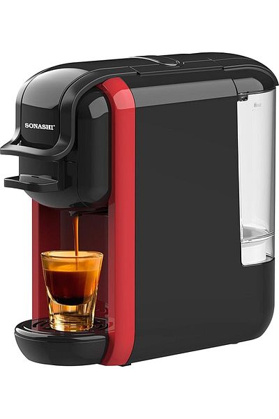 sonashi 3-in-1 Espresso Coffee Machine – 1450W, 600ML Water Tank, 3 Adaptors, Auto Shut-Off | Red