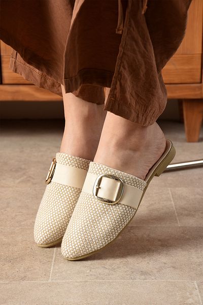 eformoda by emre yılmaz Γυναικείες λευκές γυμνές παντόφλες με αγκράφα - άνετο μαλακό πακέτο από άχυρο, Guest Sea Home Beach SL02