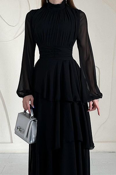 Elbee Fashion Woman Stand Collar Waist Detailed Dress