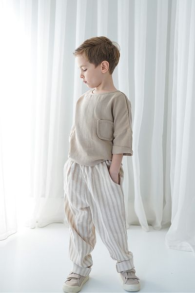 Catz Kids Mink White Striped Linen Carrot Trousers + Mink Muslin Pocket Detailed Shirt
