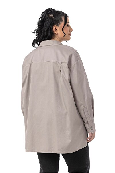 DISENTIS MODEST Large Size Gabardine Stone Color Shirt with Side Slits