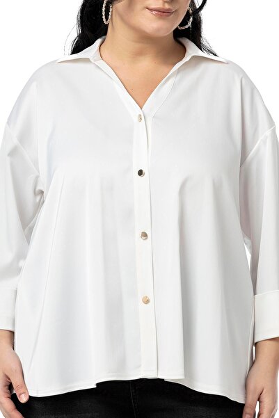 DISENTIS MODEST Large Size Double Fold Three Quarter Sleeve Satin White Shirt