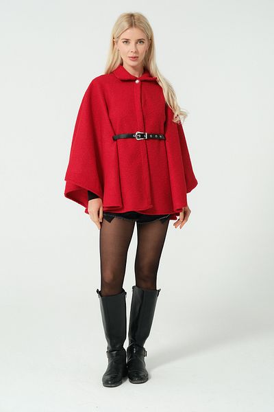 Moda Palmiss Women's Red Belt Detailed Boucle Poncho