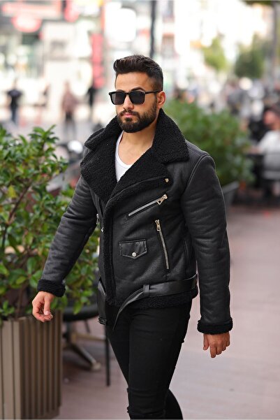 RHONES Dvouřadý kabát z laminované kůže s kompletní kožešinou uvnitř