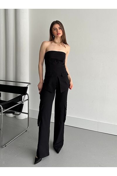 Laluvia Set pantaloni cargo negri fără bretele - 1414