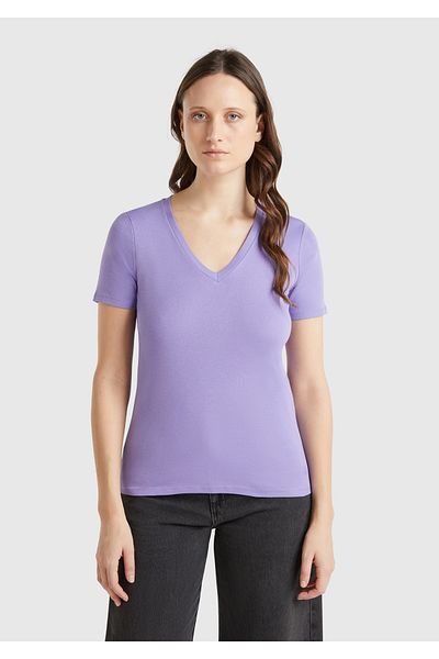 United Colors of Benetton Women's Purple 100% Cotton V-Neck Basic T-Shirt