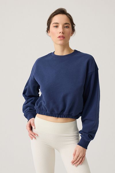 Los Ojos Navy Blue Wide Fit Waist Shirred Crop Sweatshirt Cropped Pullover