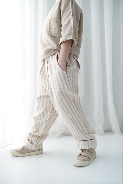Catz Kids Mink White Striped Linen Carrot Trousers + Mink Muslin Pocket Detailed Shirt