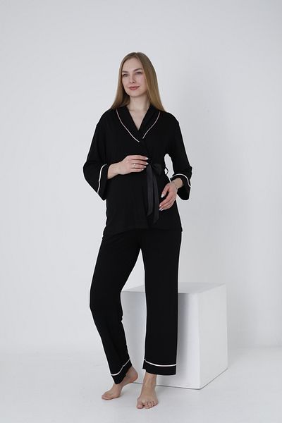 Miss Dünya Lissa Pregnant and Maternity Pajamas Set with Front Tie and Large Stripe Collar