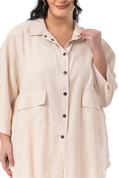 DISENTIS MODEST Παντελόνι πουκάμισο με φαρδύ κόψιμο Plus Size Μπεζ Χρώμα Διπλό Σετ