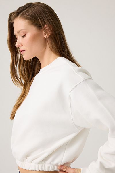 Los Ojos Ecru Wide Fit Waist Shirred Crop Sweatshirt Cropped Pullover
