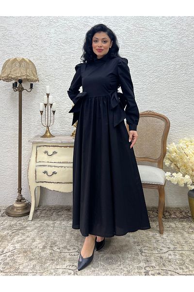 KÜÇÜĞÜM BUTİK Hijab Black Bow Long Poplin Flared Dress