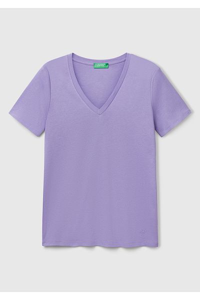 United Colors of Benetton Women's Purple 100% Cotton V-Neck Basic T-Shirt