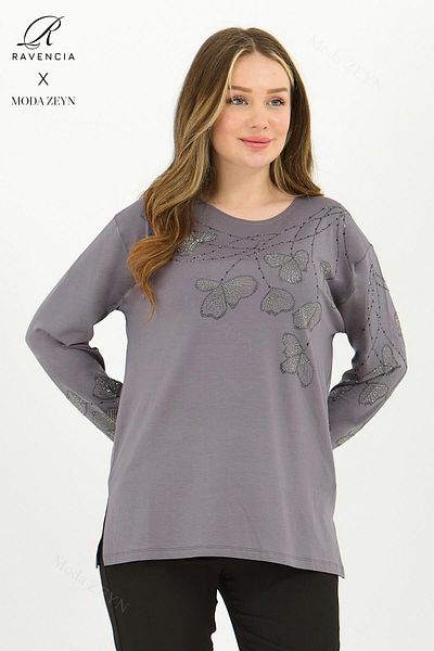 Ravencia Gray Lycra Viscose Combed Cotton Blouse - Middle-Aged and Above, Leaf Pattern and Stone Embroidery