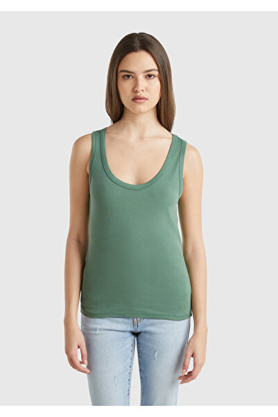 United Colors of Benetton Women's Light Green 100% Cotton Tip Logo Embroidered Slim Fit Round Neck Tank Top