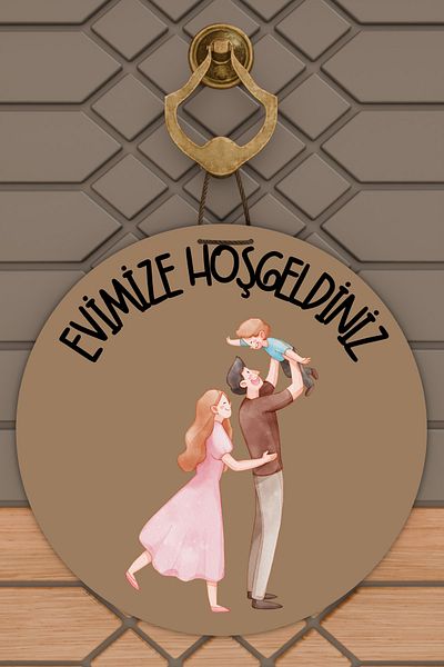 Dormot Home Modern Wooden Digital Printing Brown Family Door Ornament for Three People