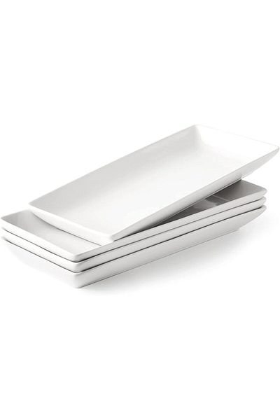 AKDC Porcelain Rectangular Serving Platter (14-inch) – Ceramic Tray for Dinner [Set of 4]