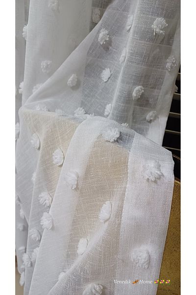 venedik home New Season Pompom Super Linen Tulle Curtain 1X2.5 Normal Pleat, No Ironing Needed