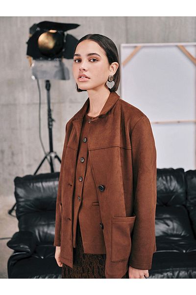LC Waikiki Γυναικείο μπουφάν LCW Vision Brown Shirt Collar Suede