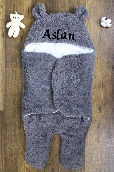 tinykiddesign Kişiye Özel Nakışlı Bebek Dış Kundak Gri Uyku Tulumu Kıvırcık W...