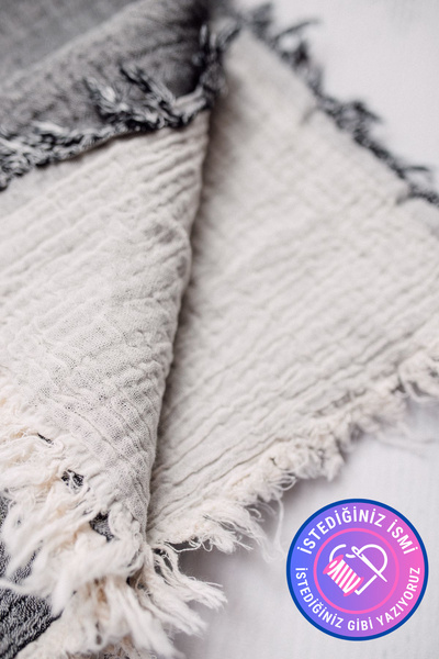 tinykiddesign Müslin Püsküllü 4 Katlı Müslin Battaniye Pamuk Müslin Antrasit ...