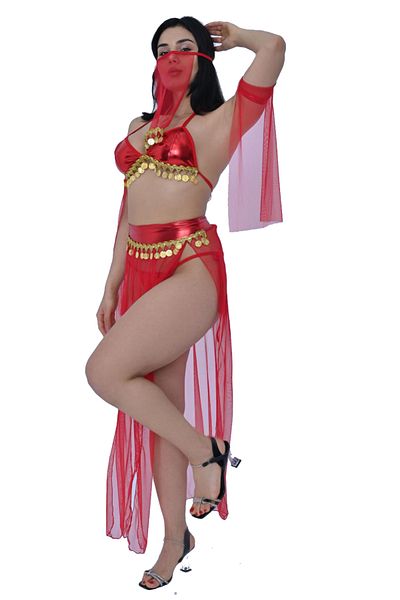 Nana & Mayka Moda Costum de dans oriental din tul cu volan Lira Fancy Gold Detaliat pentru femei 2504 Roșu