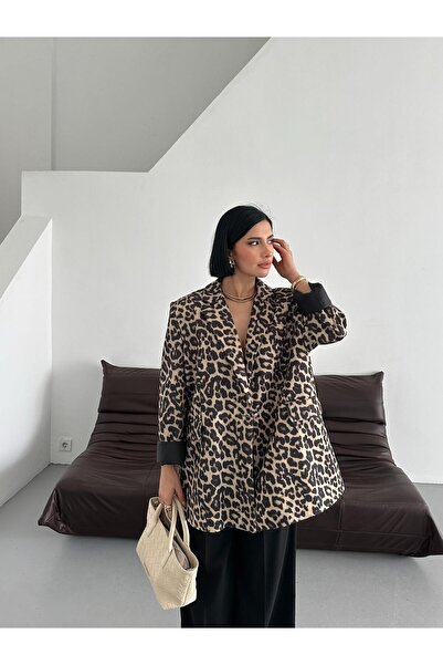 She Olive Γυναικείο μπουφάν oversized με λεοπάρ στάμπα - κομψό συνδυασμός με υφασμάτινη επένδυση από ύφασμα scuba