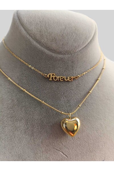 Çelik, ikili Kalp ve Forever yazılı Tasarım Kolye