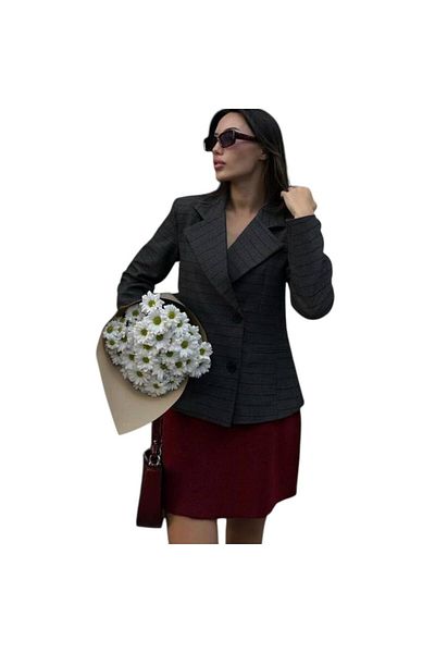 hot fashions سترة نسائية بلون أنثراسايت باللون العنابي مخططة بقصة ضيقة