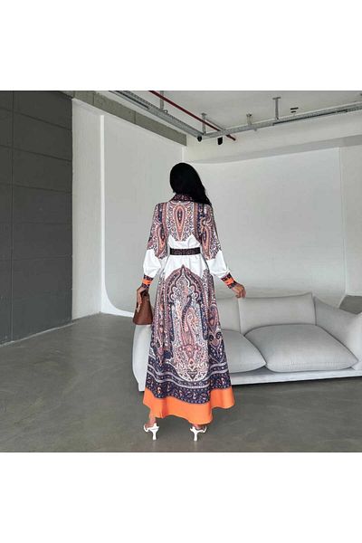 WellWay Rochie cu guler de cămașă din țesătură Babel importată (INCLUDE CREAȚĂ)-portocaliu-42113