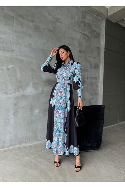 WellWay Rochie cu imprimeu floral cu guler de cămașă din țesătură Atlas (curea inclusă)-negru Nhn25