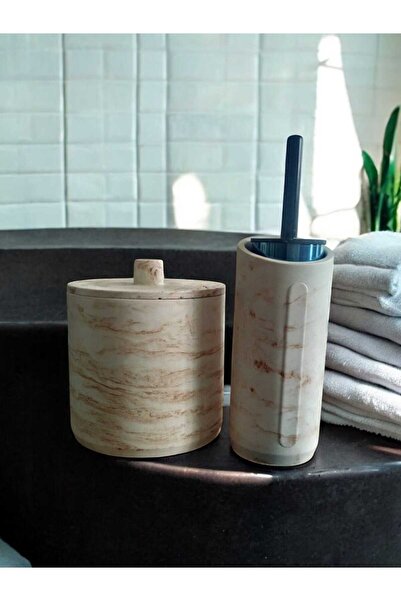 Trust Stone Marble Patterned Beige Concrete Trash Can and Wc Brush Holder Set, Accessory, Decoration