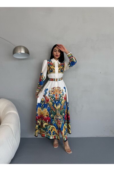 WellWay Atlas Fabric Floral Print Shirt Collar Button Detail Yellow Dress (In...