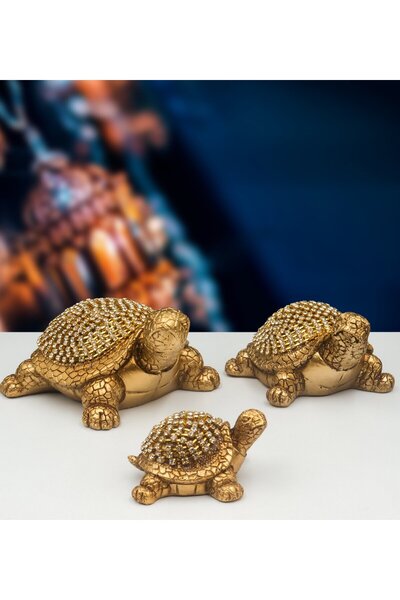 Elif Polyester Polyester 3 Lü Gold Kaplumbağa Taşlı Üçlü Kaplumbağa Biblo Ev Ofis Dekorasyon