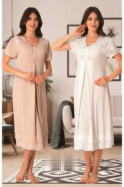 Effort Pijama 8023 Ecru Milk Coffee Maternity Nightdress Σετ με Κρυφό Θηλασμό