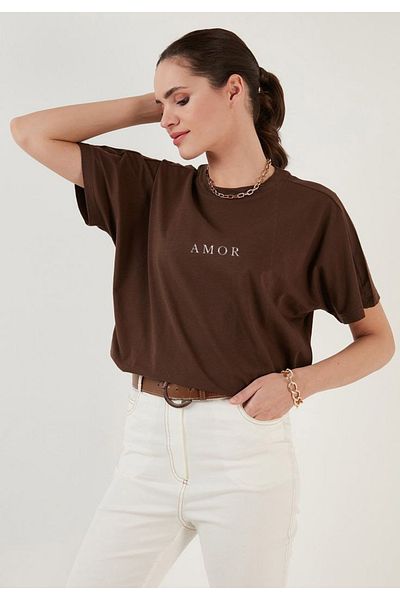 SUPER POZE Γυναικείο μπλουζάκι με στάμπα Amor από καλοκαιρινό βαμβακερό ύφασμα Oversize Fit