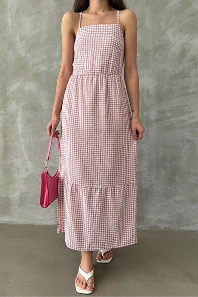 Caddebostan Moda Gingham Patterned Long Dress with Thin Straps and Back Detail