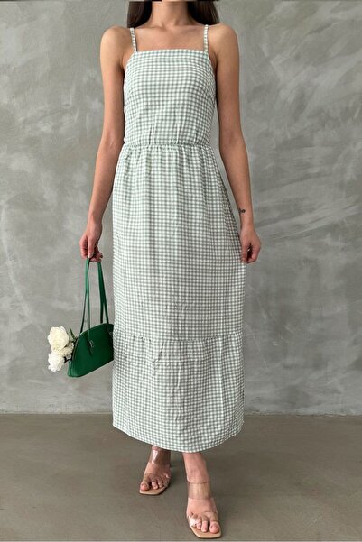 Caddebostan Moda Gingham Patterned Long Dress with Thin Straps and Back Detail
