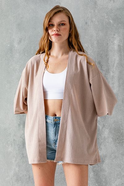 GİYSA Women's Half Sleeve Relaxed Fit Wrapped Short Kimono Stone - 7099