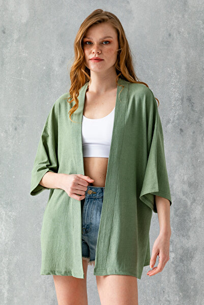 GİYSA Women's Half Sleeve Relaxed Fit Wrap Short Kimono Khaki - 7099