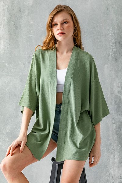 GİYSA Women's Half Sleeve Relaxed Fit Wrap Short Kimono Khaki - 7099
