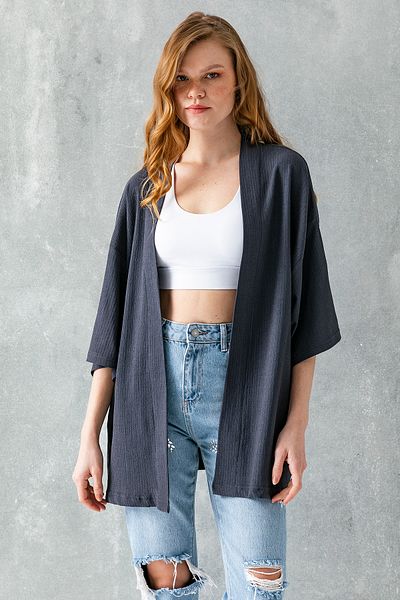 GİYSA Women's Half Sleeve Relaxed Fit Wrap Short Kimono Anthracite - 7099