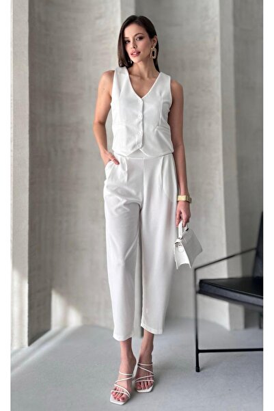 Paw Garage Set de pantaloni Bianca set cu vestă pentru femei, Set de pantaloni cu vestă pentru femei din crep pentru scuba pentru 4 anotimpuri