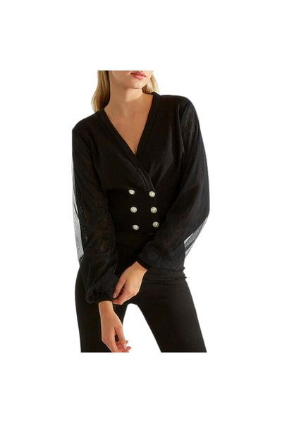 Robin Women's Black Color Sleeves Tulle Detailed Buttoned Knitwear Blouse