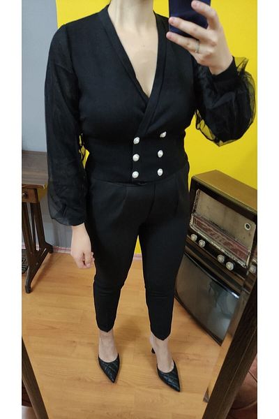 Robin Women's Black Color Sleeves Tulle Detailed Buttoned Knitwear Blouse