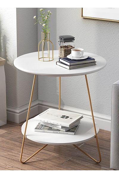 sharpdo Living Room Sofa Side Table Double Layer Small Coffee Table, Metal Frame, White Round Coffee Table