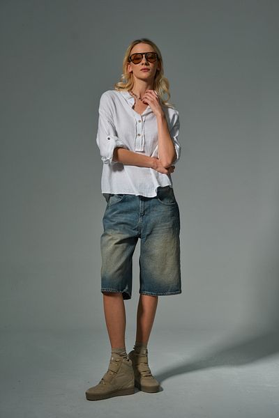 Maule Cotton Linen Half Placket Filthy Stitching Prevailing Collar Foldable Long Sleeve Women Shirt # Viana