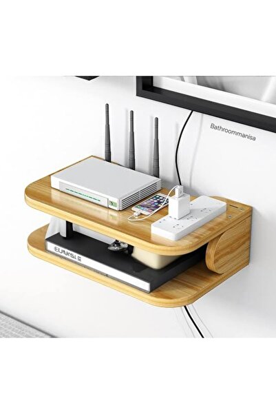 Bathroommanisa Modem Tv kumanda  Ahşap Duvar rafı şarj standı