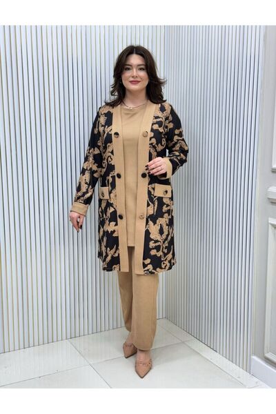 GK Çiçek Desenli Büyük Beden 3'lü Tunik Takım